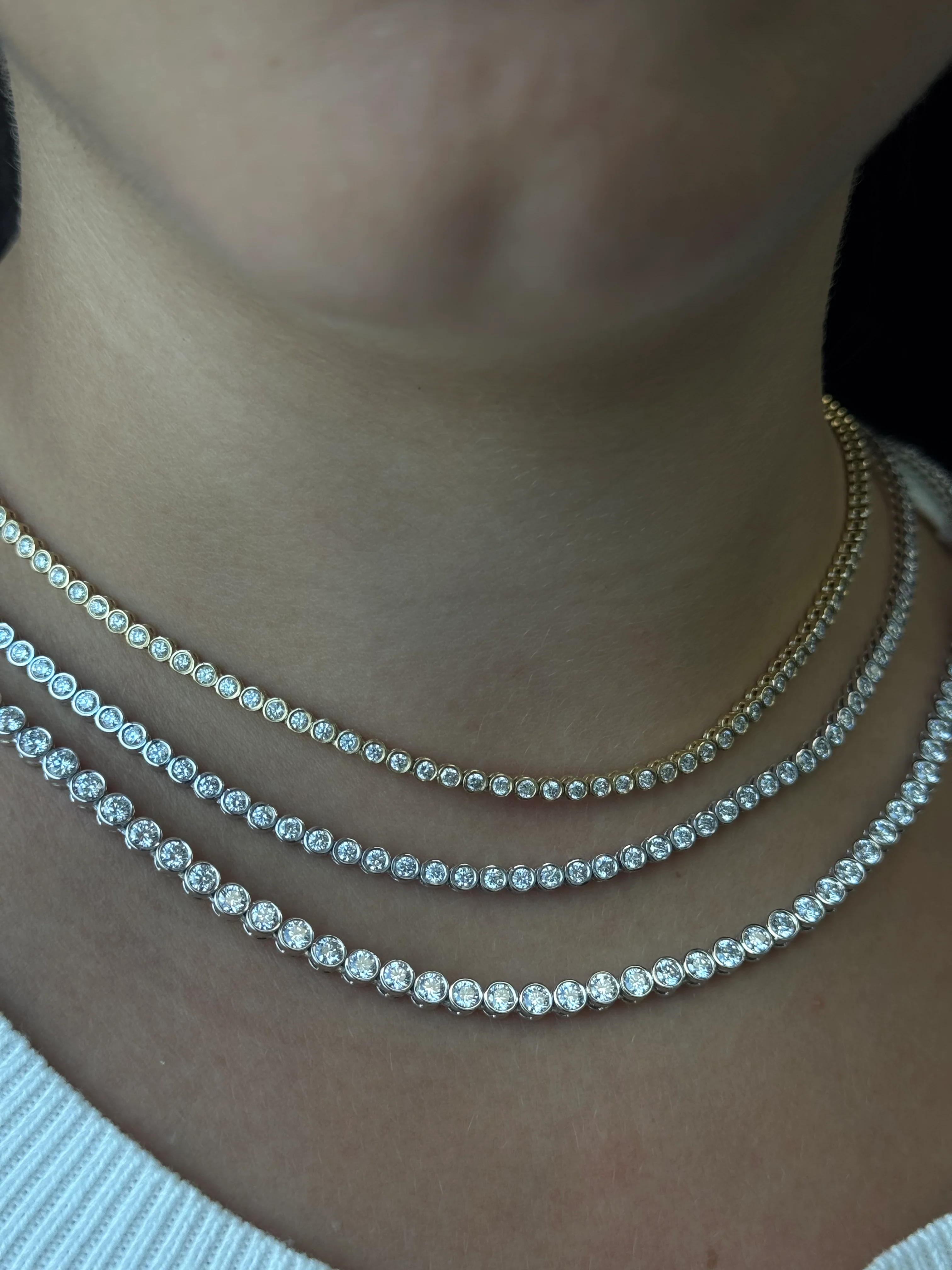 Round Shape Bezel Set Lab Grown Diamond Tennis Necklace 18K Solid Gold - Image 9