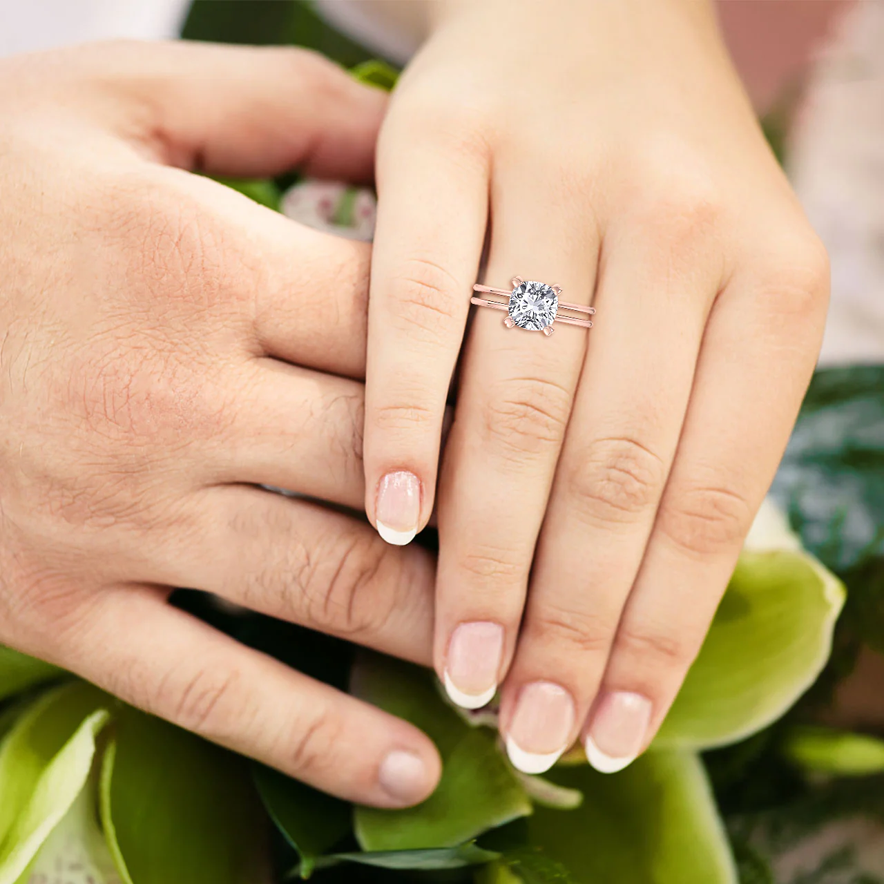 Cushion Cut Solitaire Lab Grown Diamond Engagement Ring with Double Band - Image 9