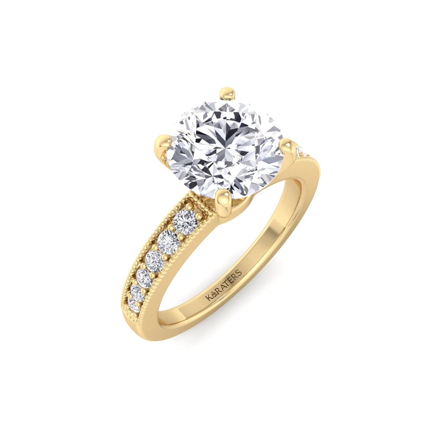 Vintage Round Shape Lab Grown Diamond Engagement Ring with Channel Set Side Stones - Image 10