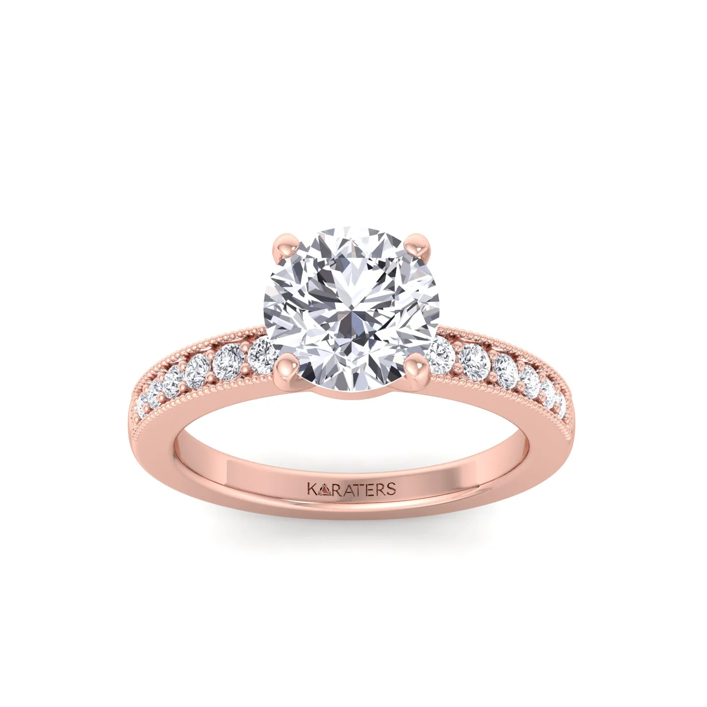 Vintage Round Shape Lab Grown Diamond Engagement Ring with Channel Set Side Stones - Image 13