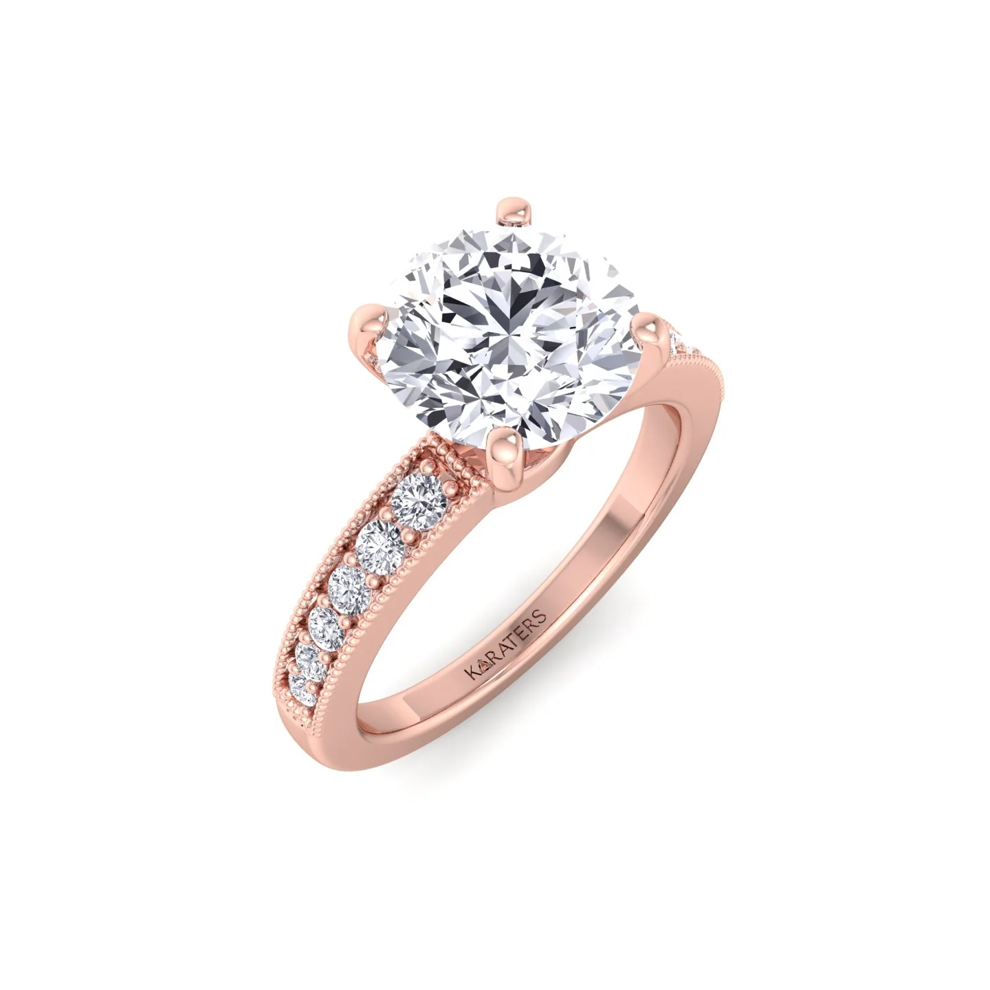 Vintage Round Shape Lab Grown Diamond Engagement Ring with Channel Set Side Stones - Image 15