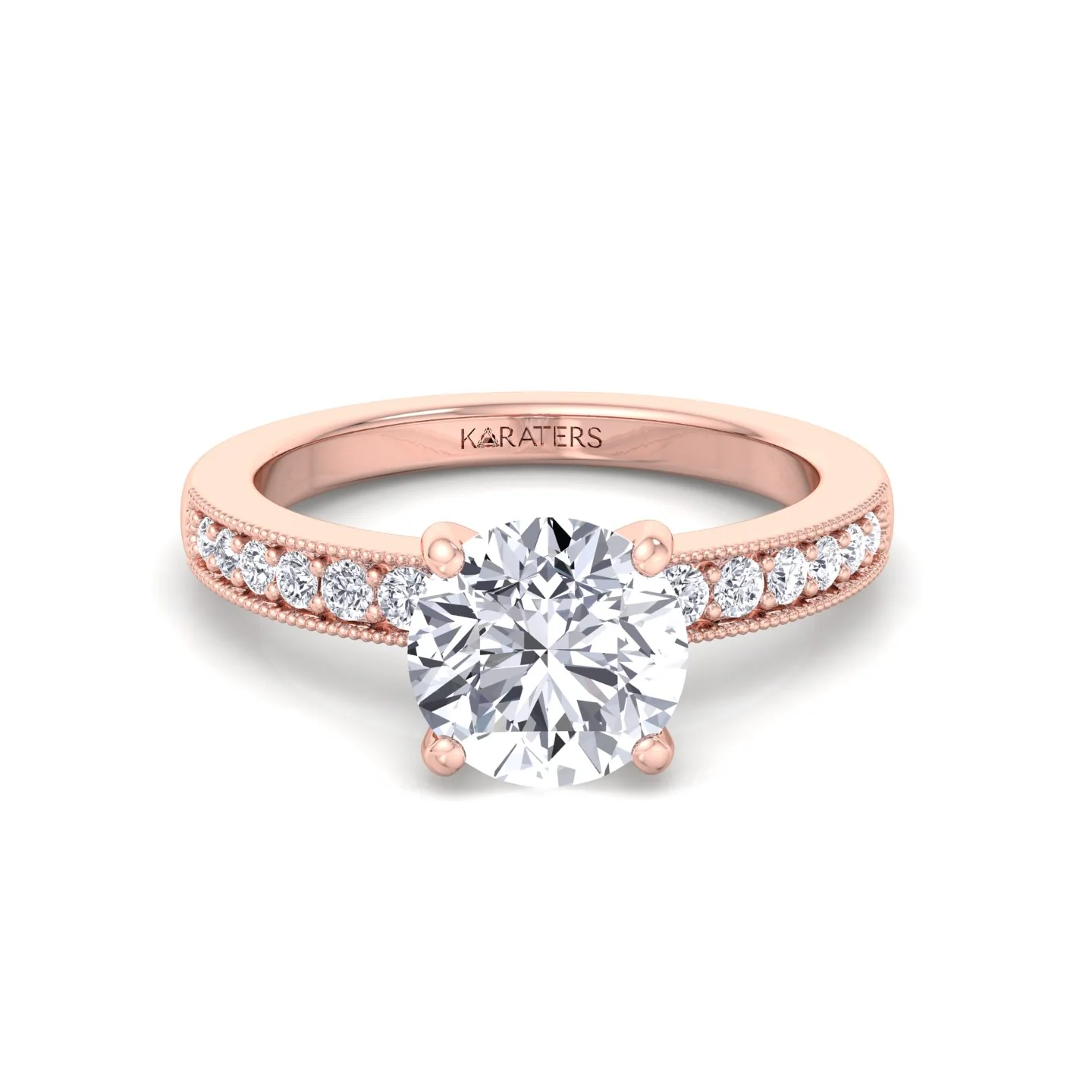 Vintage Round Shape Lab Grown Diamond Engagement Ring with Channel Set Side Stones - Image 16