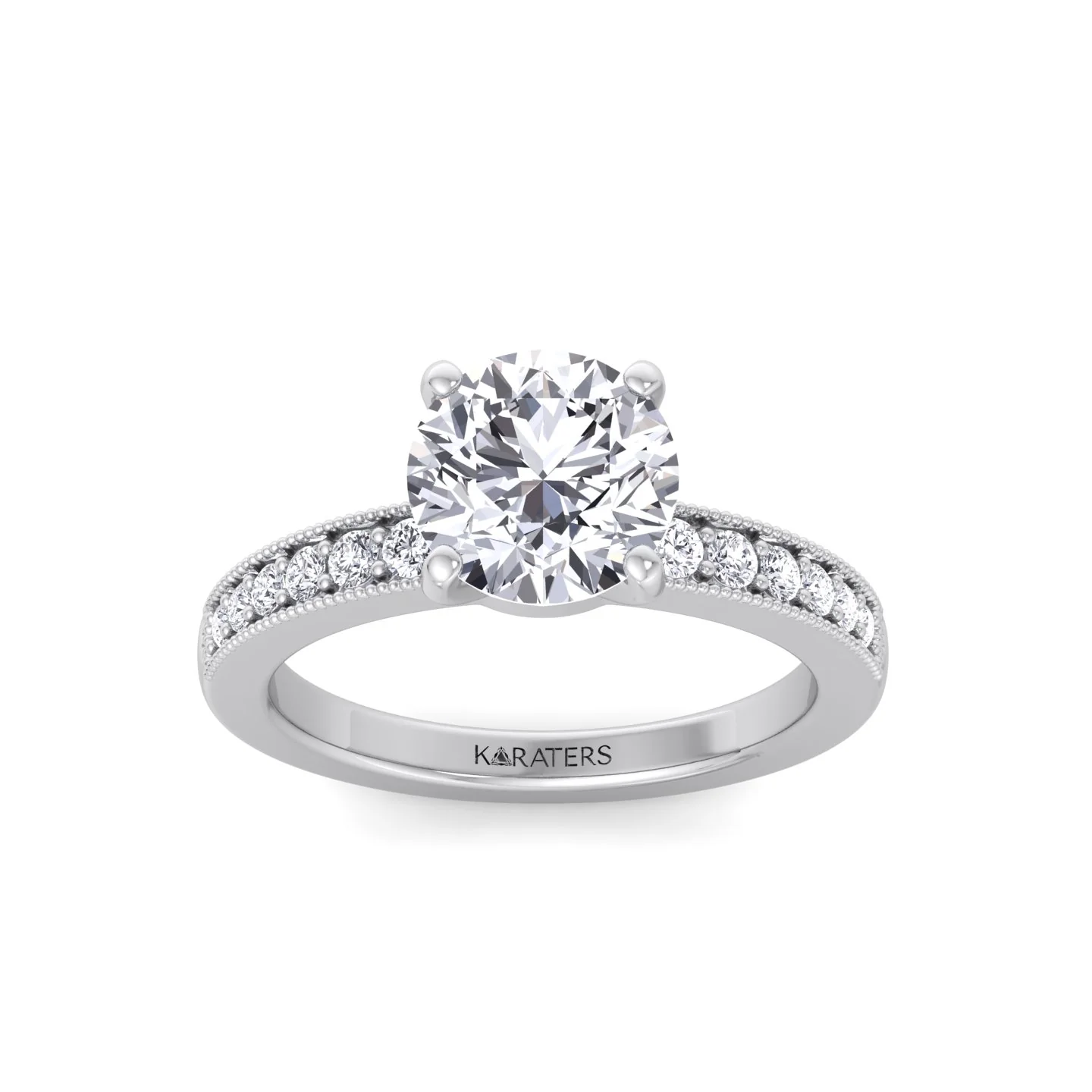 Vintage Round Shape Lab Grown Diamond Engagement Ring with Channel Set Side Stones - Image 3