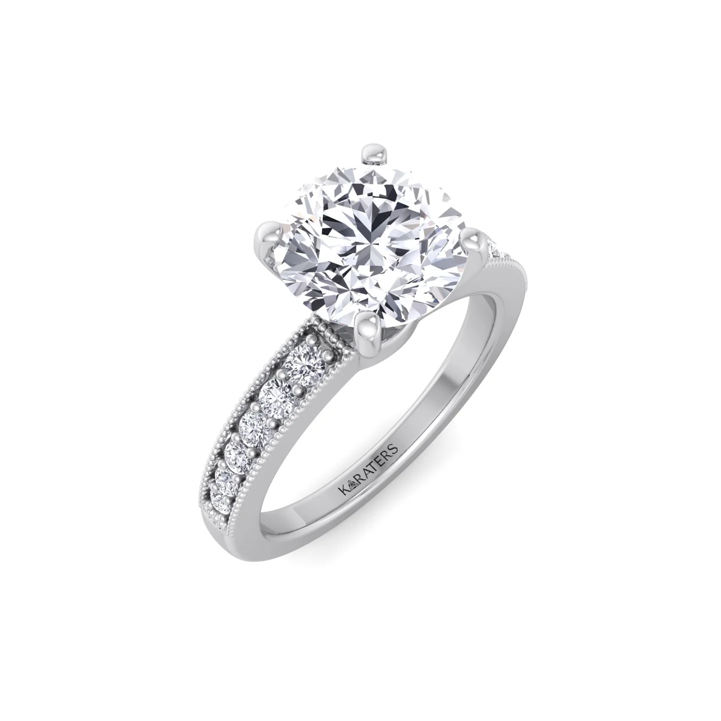 Vintage Round Shape Lab Grown Diamond Engagement Ring with Channel Set Side Stones - Image 5
