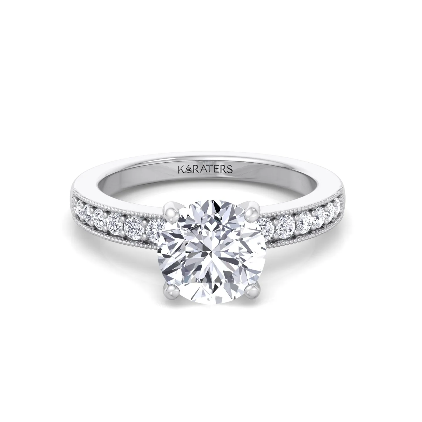 Vintage Round Shape Lab Grown Diamond Engagement Ring with Channel Set Side Stones - Image 6