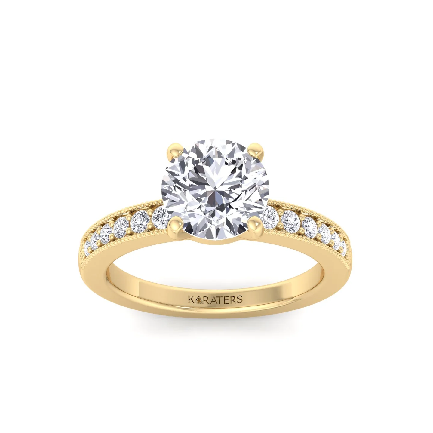Vintage Round Shape Lab Grown Diamond Engagement Ring with Channel Set Side Stones - Image 8