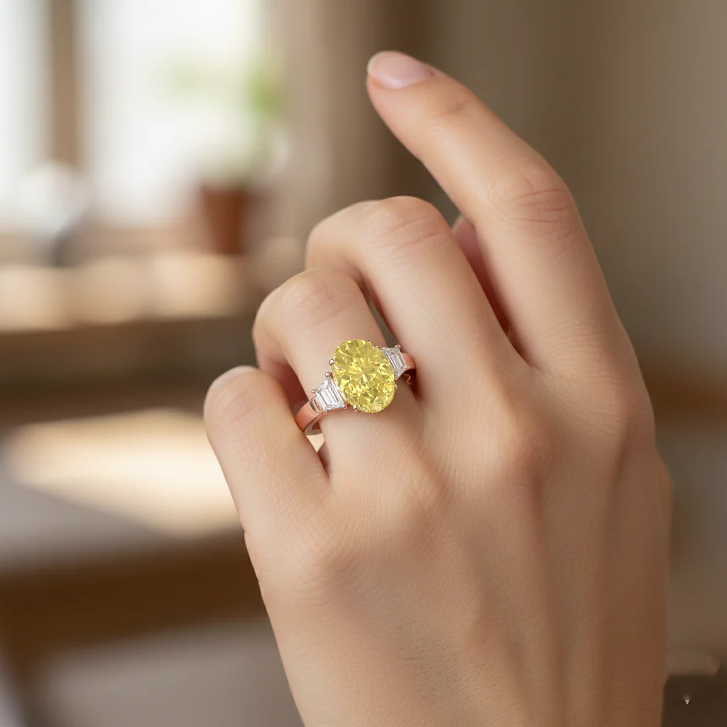 Yellow Oval Lab Grown Diamond with Trapezoid Side Stone Engagement Ring - Image 10