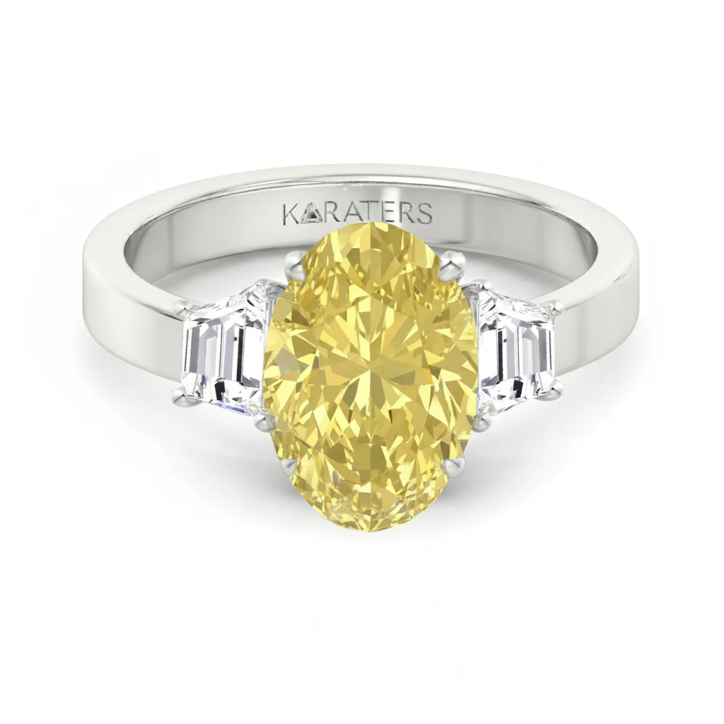 Yellow Oval Lab Grown Diamond with Trapezoid Side Stone Engagement Ring - Image 3