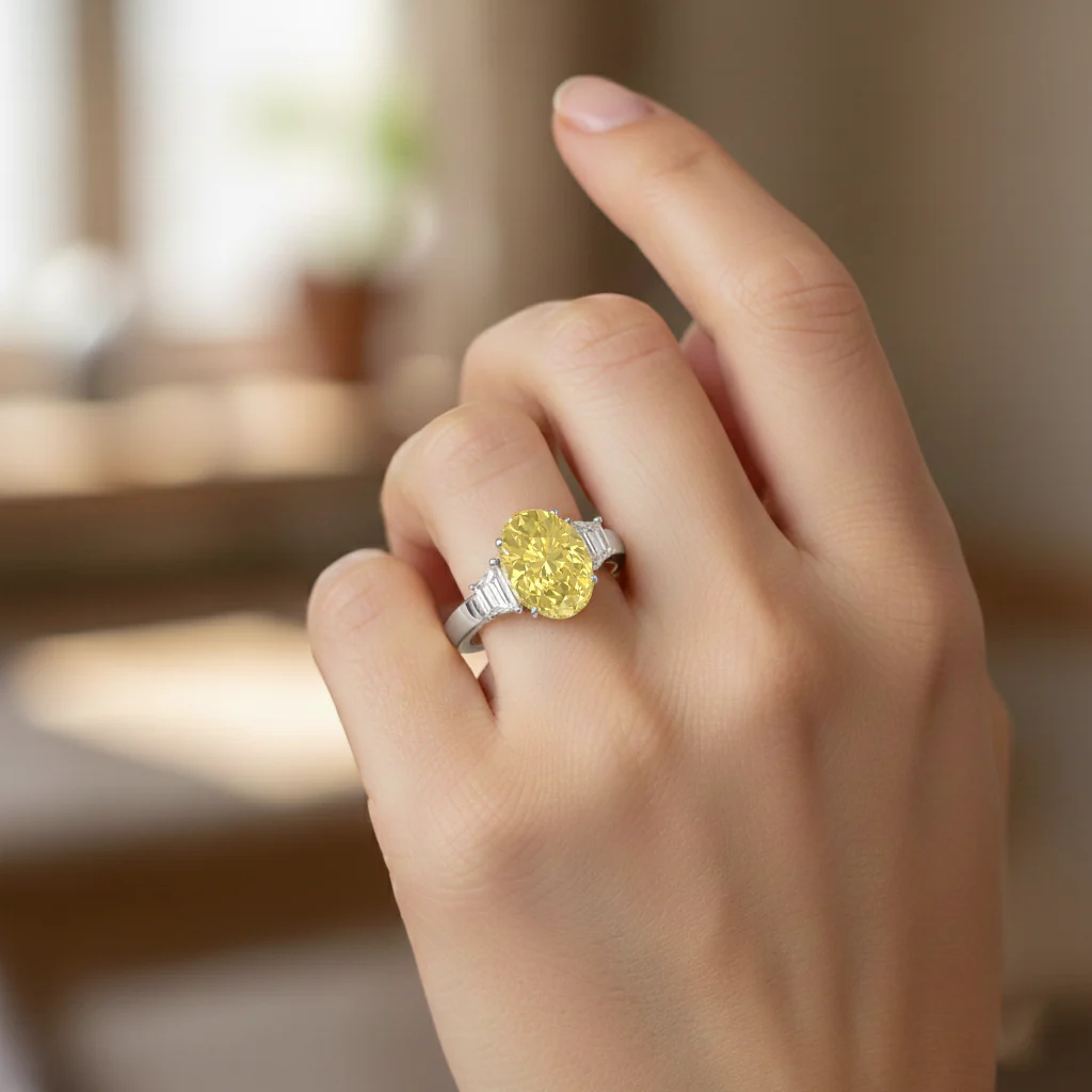 Yellow Oval Lab Grown Diamond with Trapezoid Side Stone Engagement Ring - Image 4