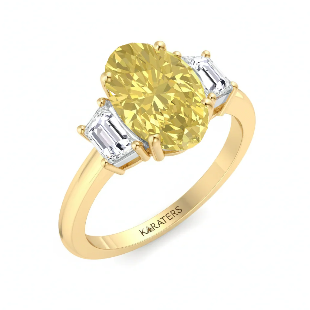 Yellow Oval Lab Grown Diamond with Trapezoid Side Stone Engagement Ring - Image 5
