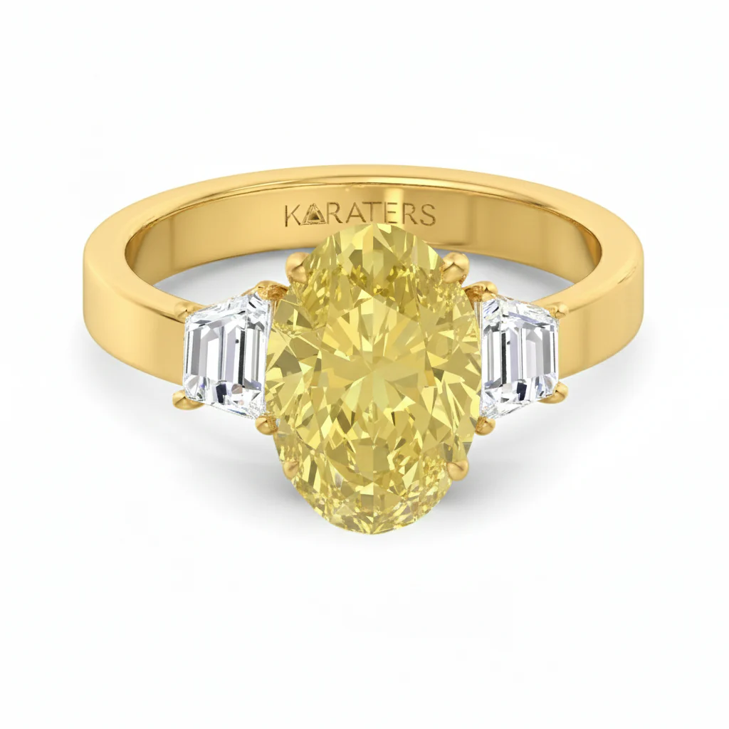 Yellow Oval Lab Grown Diamond with Trapezoid Side Stone Engagement Ring - Image 6