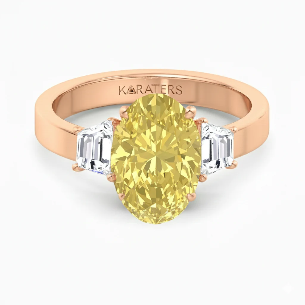 Yellow Oval Lab Grown Diamond with Trapezoid Side Stone Engagement Ring - Image 9